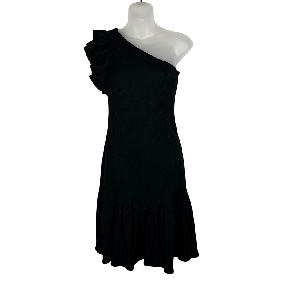 Rebecca Taylor One Shoulder Dress Women Small Black Solid Ruffle Hem Ribbed Knit